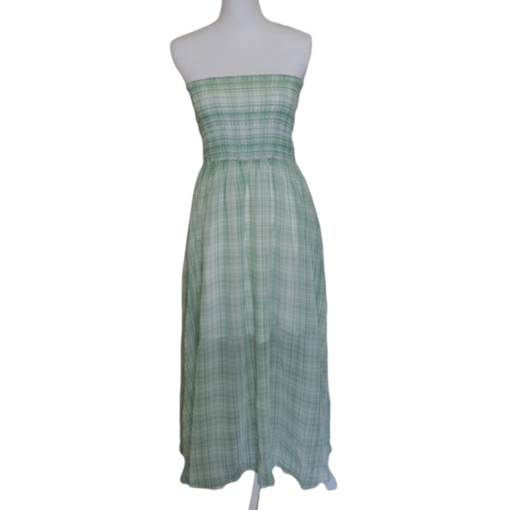 Women's Green & White Checkered Tube Top Maxi Dress Medium